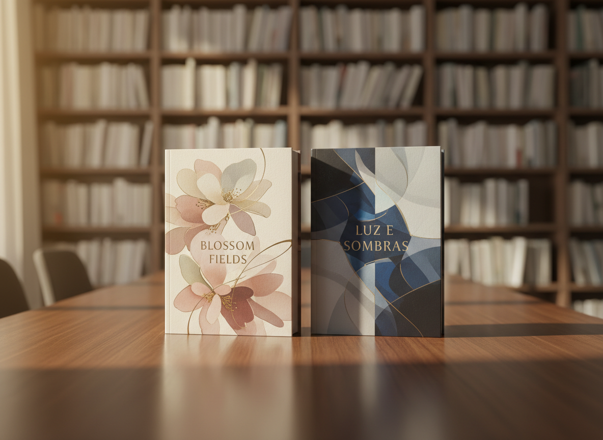 Uma mesa de madeira escura e polida em primeiro plano, com dois romances em destaque: edições fictícias de “Blossom Fields” e “Luz e Sombras”, ambos com capas elegantes e sofisticadas, sem texto legível, apenas formas abstratas florais e contrastes de luz. Ao fundo, desfocado, vê-se uma estante alta repleta de livros com lombadas neutras, criando um cenário literário. A luz é de fim de tarde, entrando lateralmente por uma janela invisível, projetando reflexos suaves no verniz da mesa. A composição fotográfica é em nível dos olhos, com profundidade de campo rasa, transmitindo um clima contemplativo, profissional e intimista, em realismo fotográfico.