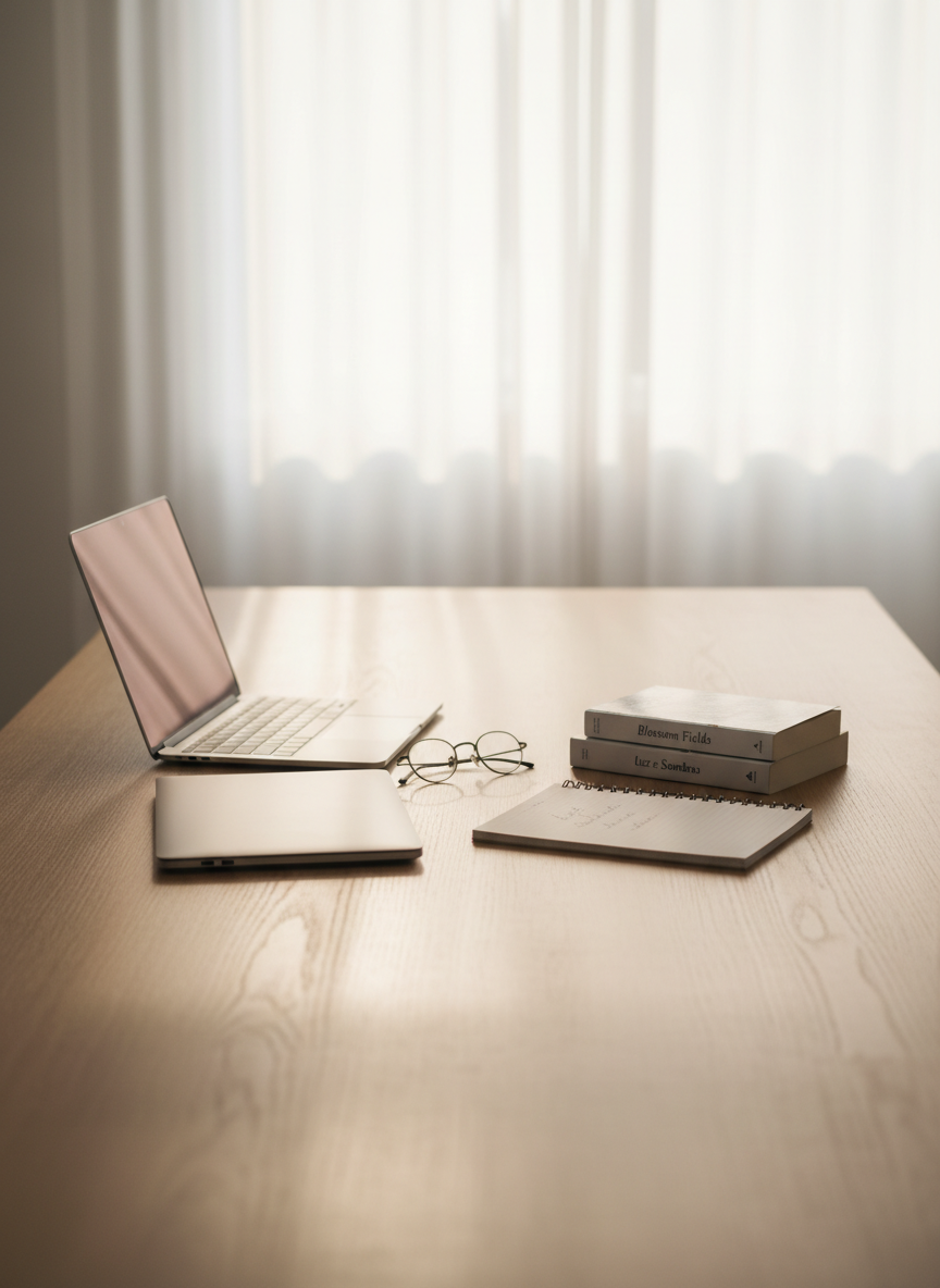 Uma mesa ampla de madeira clara, organizada com precisão, representando a biografia do autor sem mostrar pessoas: um laptop moderno fechado, um par de óculos de armação fina repousando sobre um bloco de notas, e ao lado uma pequena pilha de livros onde “Blossom Fields” e “Luz e Sombras” aparecem como edições genéricas, sem texto legível nas lombadas. Ao fundo, desfocado, vê-se uma janela alta com cortinas translúcidas que deixam entrar luz natural suave de manhã, criando sombras longas e delicadas sobre a mesa. A composição é limpa, centralizada, com estética fotográfica minimalista e profissional, sugerindo disciplina, reflexão e sofisticação literária.